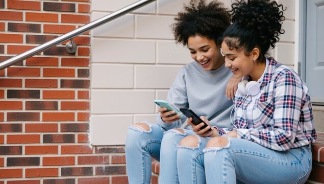 Two happy young women using smartphones while sitting on stairs in front of brick wall