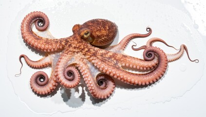 Obraz premium A fresh octopus with curled tentacles lies on a white surface, ready for culinary preparation