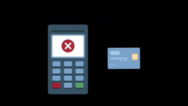 Customer use the Pos terminal and credit card. The hand pushes the credit card towards the bank card reader. Payment by credit card and Transaction declined process