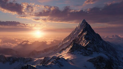 Breathtaking aerial view of a sharp, snow-capped mountain summit illuminated by the warm glow of a setting sun, with a sea of clouds and distant peaks in the background