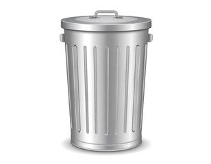 A 3D illustration of a silvery cylindrical waste container with a lid, handle, and vertical lines for design