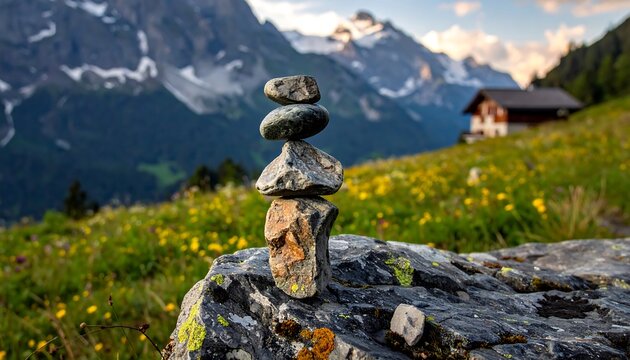 A balanced stone stack sits atop a rock, overlooking a vibrant field, a cabin, and snow-capped mountains at sunset