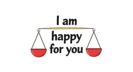 A motivational sign with the phrase 'I am happy for you' displayed on a white background with balanced scales hanging from the words