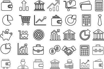 Outlined business chart and finance graph icon set on transparent background