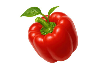 Vibrant red bell pepper showing its fresh green stem and leaves, a staple healthy food ingredient for various culinary uses