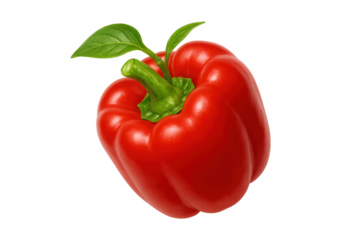 Vibrant red bell pepper showing its fresh green stem and leaves, a staple healthy food ingredient for various culinary uses