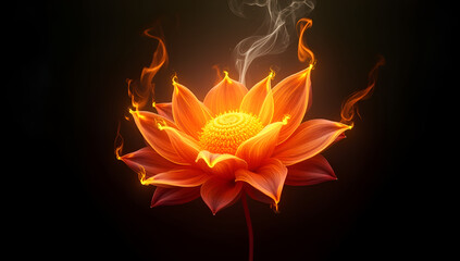 A lotus flower with flames on a black background.