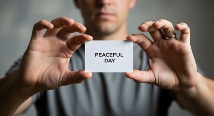 A person holding a small card with the words 'Peaceful Day' written on it, symbolizing calmness and tranquility in a modern setting