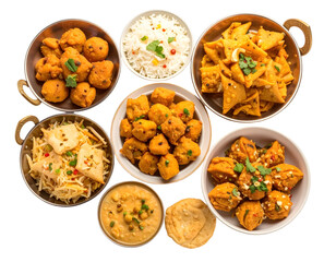 Fototapeta premium A variety of Indian-style vegetarian snacks and dishes served in small bowls with vibrant flavors and garnishes
