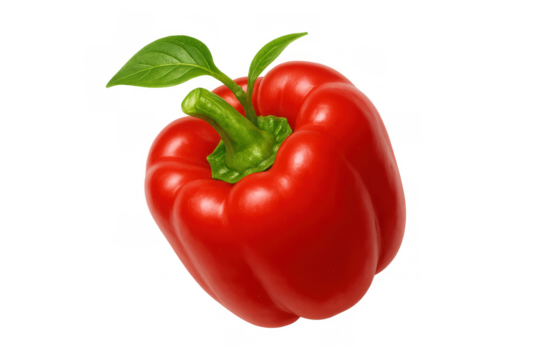Vibrant red bell pepper showing its fresh green stem and leaves, a staple healthy food ingredient for various culinary uses