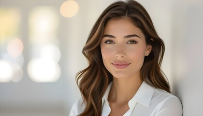 Portrait of Woman with Long Wavy Brown Hair and Light Brown Eyes Leaning on White Wall
