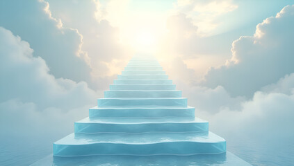 Shimmering ice staircase leading to sky surrounded by clouds symbolizing stairway to heaven.