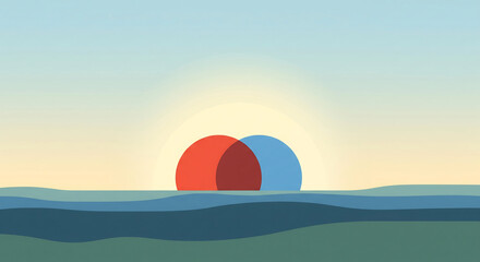 Obraz premium Abstract copy space minimalist seascape illustration of a sunset over the ocean with overlapping red and blue sun circles