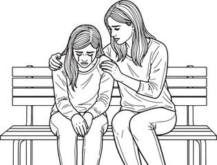 Woman comforts sad child sitting on a park bench