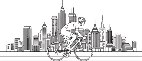 Cyclist rides through a stylized cityscape in a minimalist line drawing