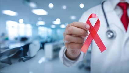 A doctor holds a red awareness ribbon, world AIDs day ribbon
