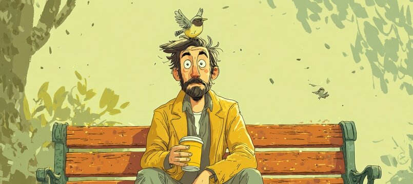 Humorous Moment: Man Surprised by Bird Landing on Head in Park