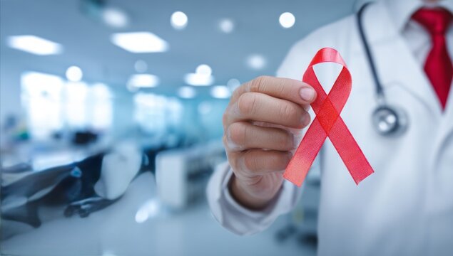 A doctor holds a red awareness ribbon, world AIDs day ribbon