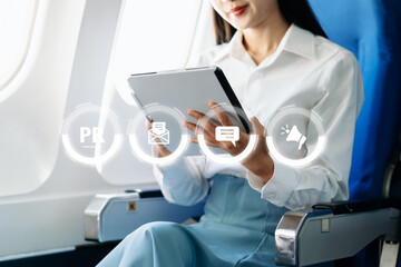 PR, Public relations concept. hands using laptop and tablet with public relations icon for communication advertising marketing strategy. with Ads and sales