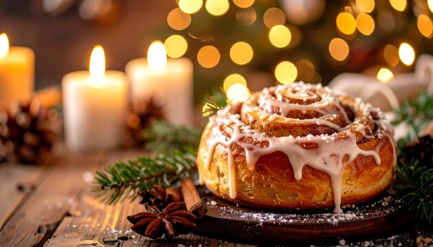 A close-up shot of a frosted cinnamon roll rests on a wooden surface with candles, pine boughs, and bokeh lights