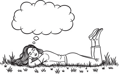 Young woman lying in grass with thought bubble above her head
