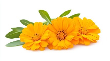 Bright marigold flowers with lush green leaves isolated on white background for botanical and floral design