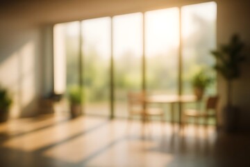 Fototapeta premium Blurred background modern office with sunlight and glass walls, abstract corporate background.