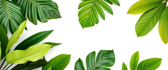 Vibrant green tropical leaves, diverse textures and branch details on pure white, bright, green