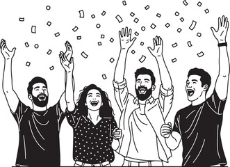 Group of people celebrating with confetti and raised arms