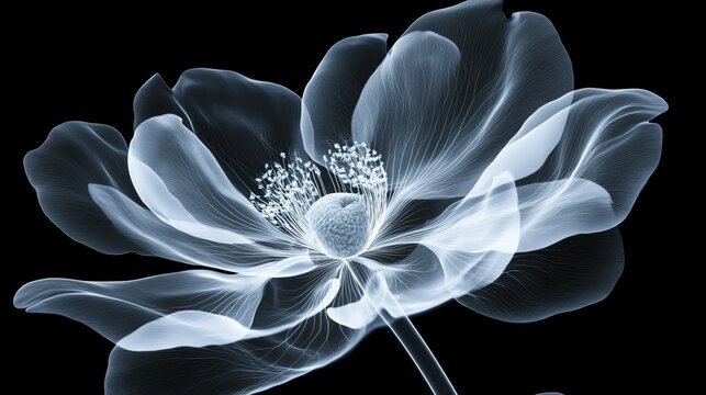 Monochrome x-ray of ethereal flower on black background, fantasy mystical blossom concept