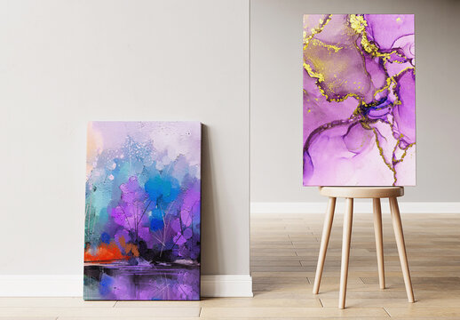 Two Abstract Canvas Mockups with Purple and Gold
