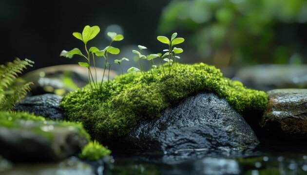 Small plants sprout from moss-covered rocks