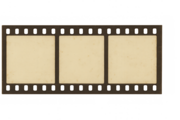 Vintage film strip showing three empty frames, a retro photography and cinema concept with transparent background