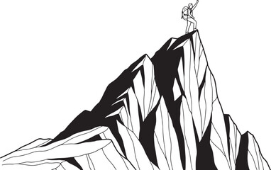 A lone figure stands triumphantly atop a jagged mountain peak