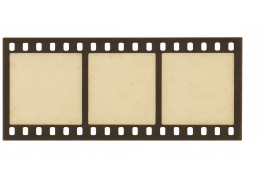 Vintage film strip showing three empty frames, a retro photography and cinema concept with transparent background