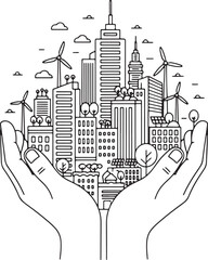 Hands holding a futuristic cityscape illustration