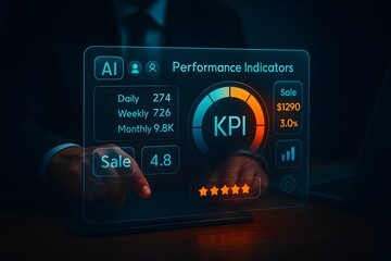 Manager viewing kpi performance indicators with ratings and revenue stats