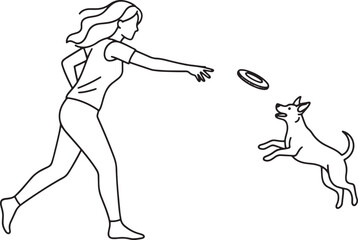 Woman throwing a frisbee for a dog playing outdoors