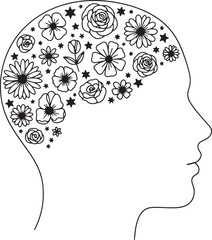 Abstract floral pattern fills the silhouette of a human head