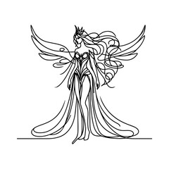 Valkyrie line art — elegant black and white vector of a mythical warrior woman with flowing hair and wings, feminine minimalist illustration in SVG style
