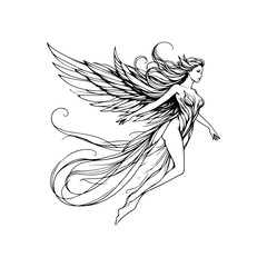 Valkyrie line art — elegant black and white vector of a mythical warrior woman with flowing hair and wings, feminine minimalist illustration in SVG style