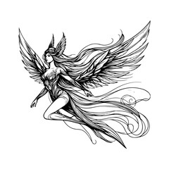 Valkyrie line art — elegant black and white vector of a mythical warrior woman with flowing hair and wings, feminine minimalist illustration in SVG style