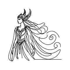 Valkyrie line art — elegant black and white vector of a mythical warrior woman with flowing hair and wings, feminine minimalist illustration in SVG style