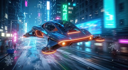 Futuristic Flying Car: Neon-Lit Hovering Vehicle Speeding Through a Wet, Cyberpunk City Street at Night for Modern Transport and Innovation
