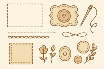 ナチュラルで可憐な縫い目と針のイラストセット｜刺繍風ステッチデザイン素材