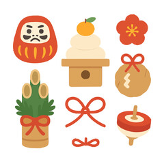 お正月の縁起物イラストセット／Japanese New Year Good Luck Vector Set