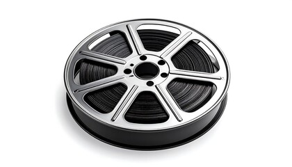 Obraz premium A close-up shot of a metallic film reel filled with black filmstrip, sits on a black base, against a clean, white background