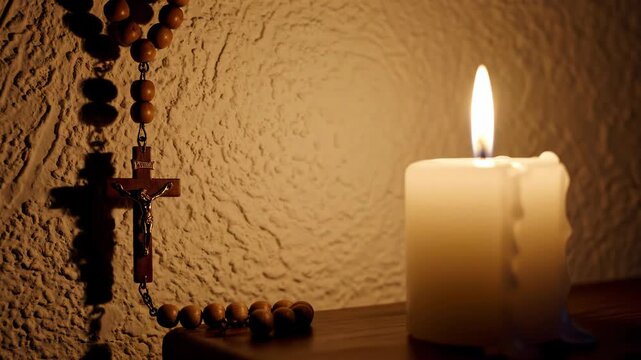 Rosary and Candle in Warm Light: A Spiritual Still Life