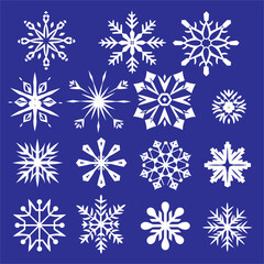 Fototapeta premium Set of sixteen white snowflake icons in various geometric shapes. Simple and intricate silhouette designs isolated on a blue background. Vector suitable for winter, Christmas, and decoration