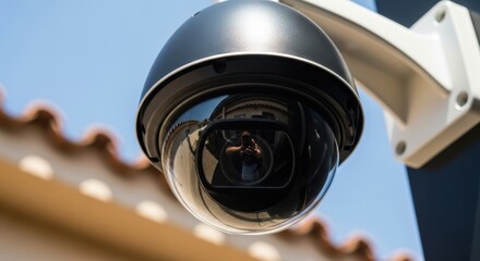 Outdoor Dome Security Camera: Close-up of a Black Dome Surveillance Camera Mounted Outdoors Against a Blue Sky for Protection and Monitoring